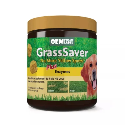 O suplemento Grasssaver Dog de marca própria ajuda a neutralizar a urina para eliminar manchas amarelas no gramado Nutrição de cães